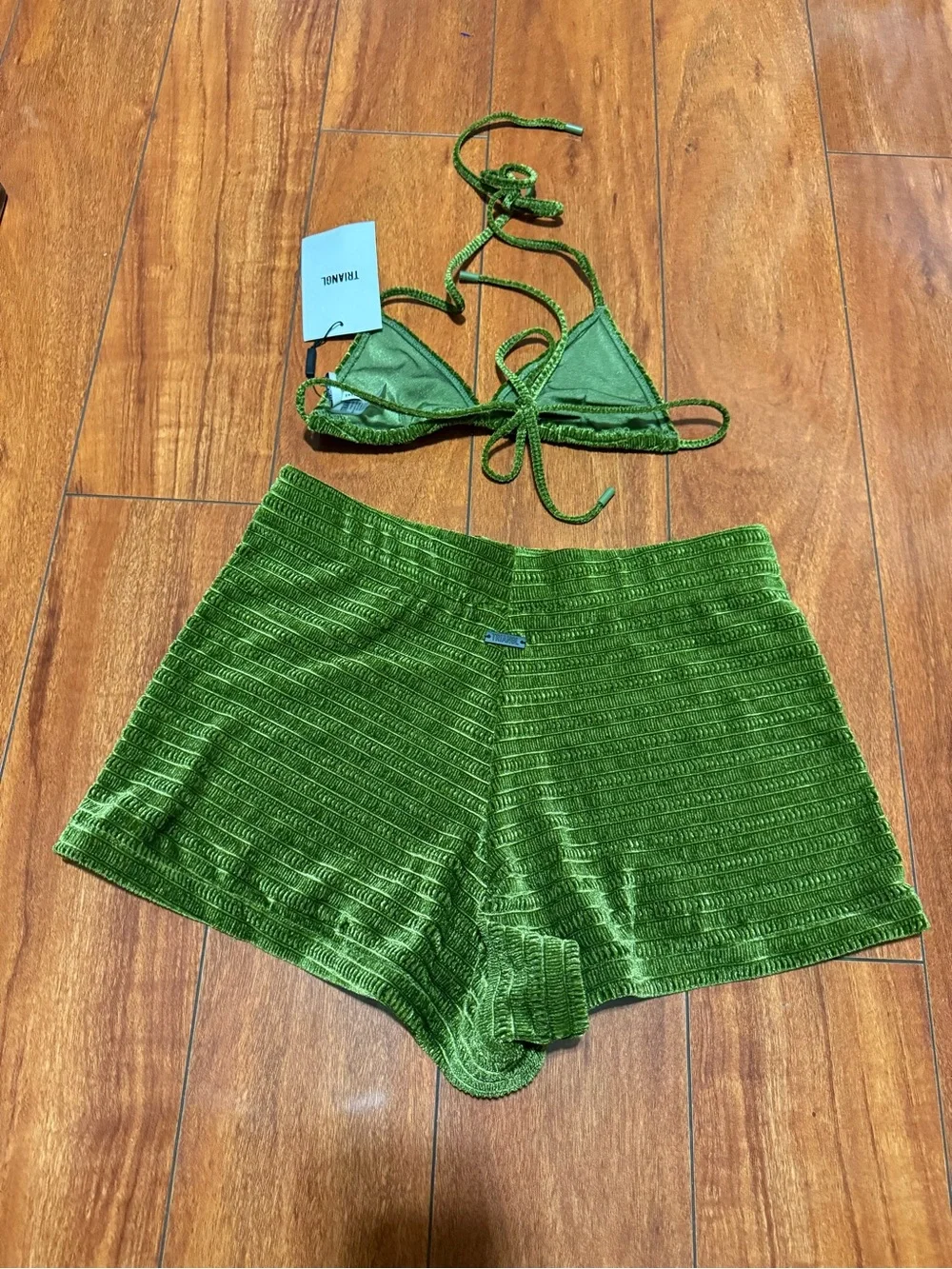 REPOP triangl swimwear Green Velvet Textured Bikini Top & Shorts Set